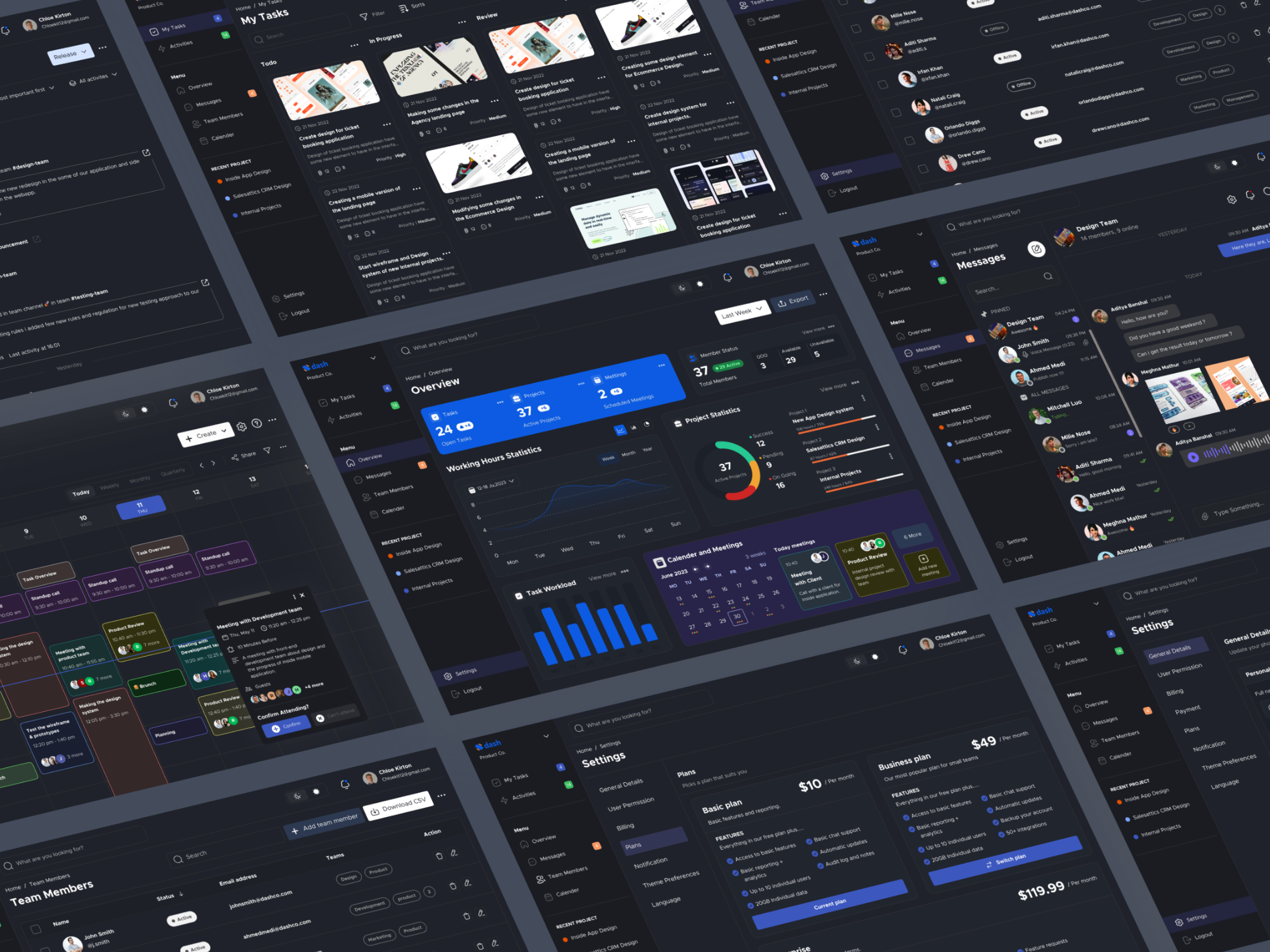 Dash - Task Management System activies calender comment dashbaord filter meeting message overview project recent project reply setting settings task list task management team team management timeline uiux user details