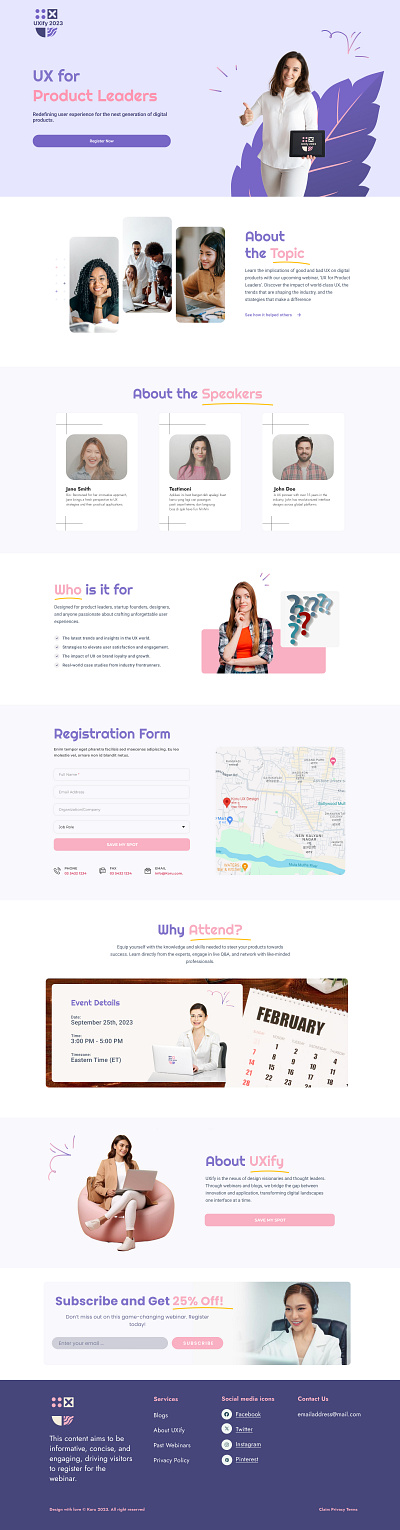 landing page about us cta footer landing page map registration ui website