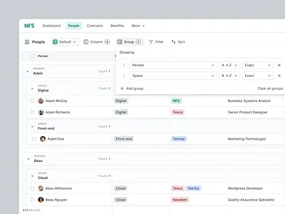 NFS - Groups in Table component dashboard data view dropdown group groups modal product records saas select spreadsheets table