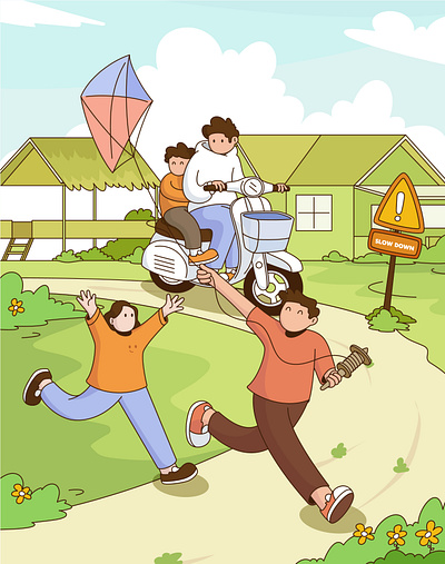 Slow Down, The Kids Are Playing 2d illustration artwork character character design design flat illustration illustration illustration art kids kite playing poster vector vector illustration