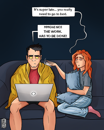 Workaholic bed boy comic computer couch couple funny girl illustration ipadpro laptop late midnight night pillow procreateapp sleepy work workaholic