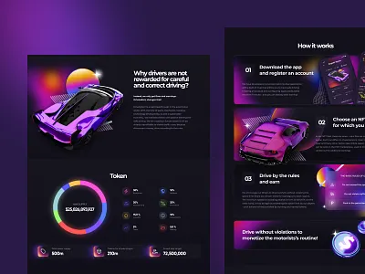 Retrowave Crypto Neon Landing Page for Web3 App 3d app blockchain car coin crypto cryptocurrency cyberpunk dark modern neon pink pitchdeck purple retro token ui ux web3 webdesign
