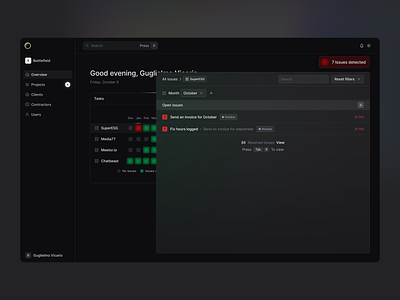 Discipline / Issue tracker concept dark mode dashboard issue tracking modern premium saas task management