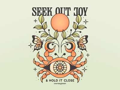 Seek Out Joy adventure all seeing eye apparel graphic botanical brand assets brand identity butterflies crabs design earth design eye flowers illustration lake lobster nature ocean sea creature sun water