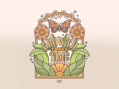 Growth Takes Time adventure apparel graphic botanical brand assets brand identity butterfly design earth design floral flowers garden growing growth happy illustration logo nature positive rainbow vines