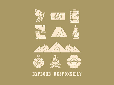 Iconic Camper adventure apparel graphic backpack brand assets butterfly camera camp camping compass earth design exploration explore responsibly flowers hiking lantern mountains nature tent wilderness