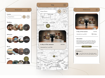 MemoryLane - a location based story telling app colours commenting design figma instagram liking map memories mobile mobile phone mobile ui mockup prototype retro social media story ui ux