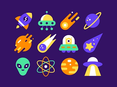 Space icon set alien asteroid atom comet flat icon set icons illustration leo alexandre mars meteor meteorite planet rocket saturn shooting star space star ufo vector