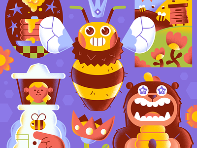 Bee yourself bear bee character freelance hire honey illustration pancakes textures vector