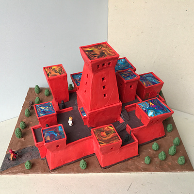 Castle with recycled roofs, plasticine, carboard, 35x25x19 cm 3d installation miniature plasticine plasticineart