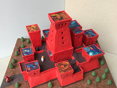 Castle with recycled roofs, plasticine, carboard, 35x25x19 cm 3d installation miniature plasticine plasticineart