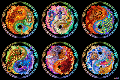 Zodiac Yin Yang bright colorful fantasy illustration signs vibrant yin yang zodiac