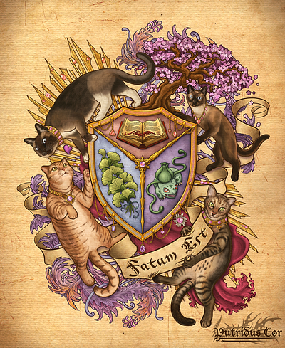 Art Noveau style Coat of Arms art noveau book cover cats package design pet portrait poster design