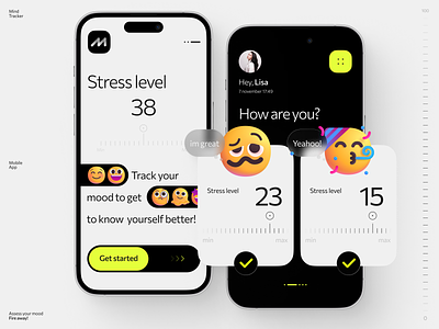 Mind Tracker — Mobile App app blackwhite design digital emoji illustration mind mobile tiles typography ui ux