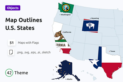 U.S. States Map Outlines with Flags america american district flag graphic design illustration independence location map motion graphics national outline patriot patriotism psd star states ui us usa