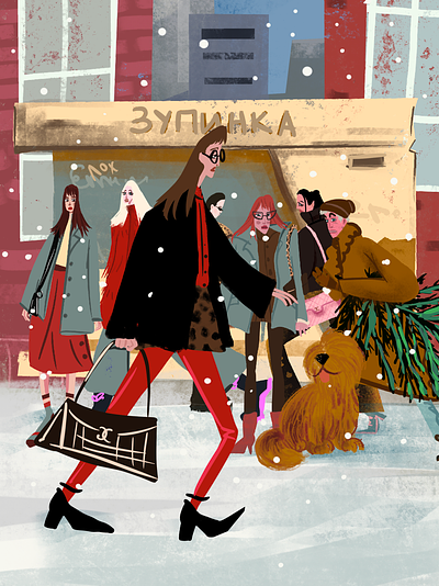 At a bus stop art christmas design digital fashion illustration procreate sketch winter