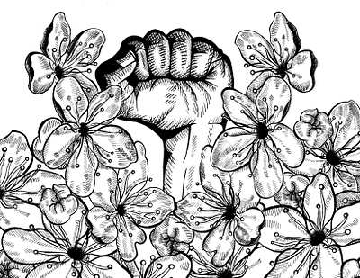 A Liberation Bouquet blm blossoms cherry blossoms crosshatching design equality fist flowers graphic design illustration ink ink drawing liberation portrait