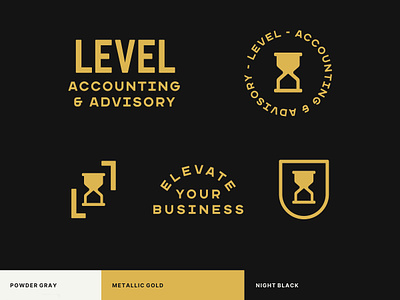Level A&A accounting advisory brand branding building construction emblem finance gold hourglass house identity level logo money sand seal shield system time