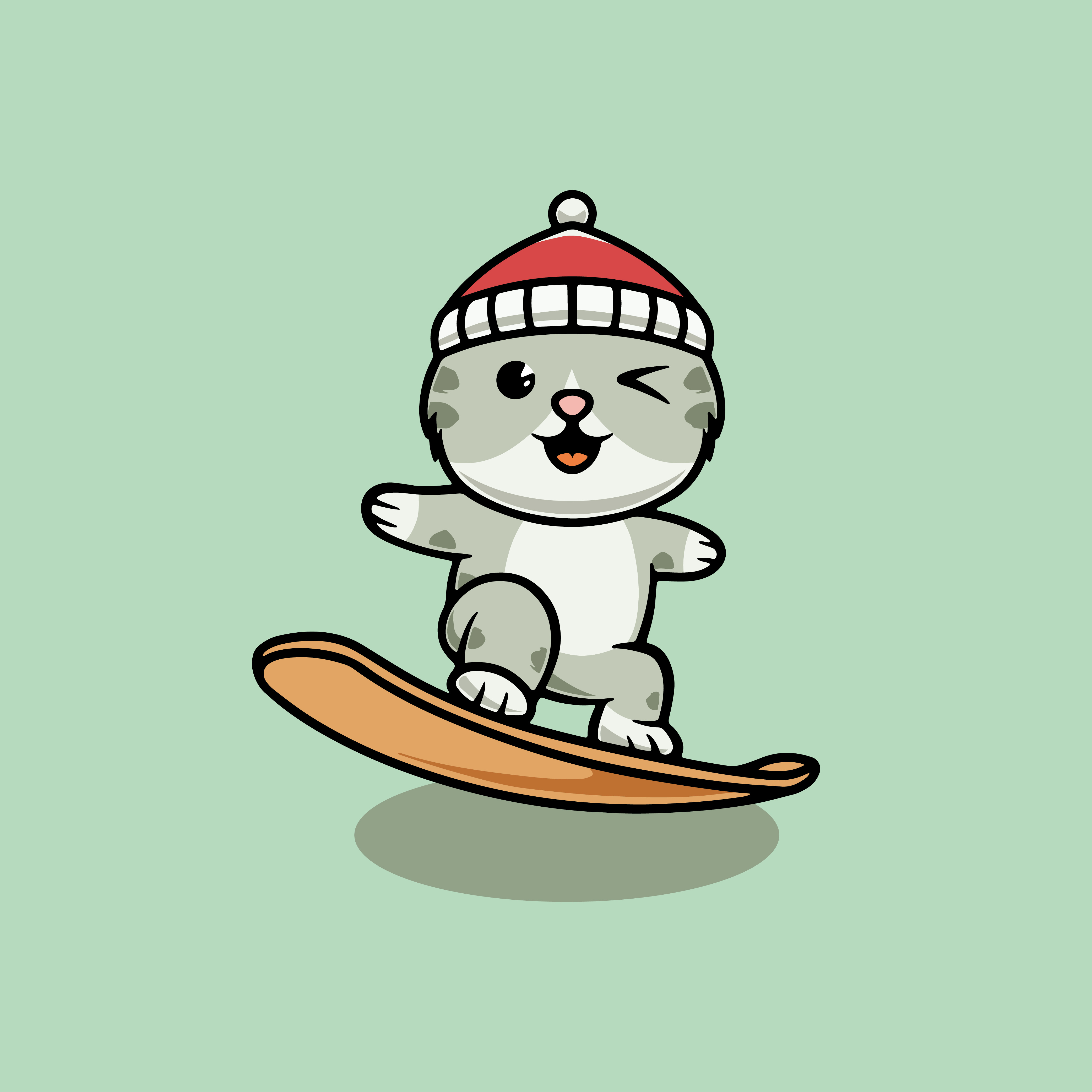 Cute cat playing snowboard on Christmas cartoon illustration vector