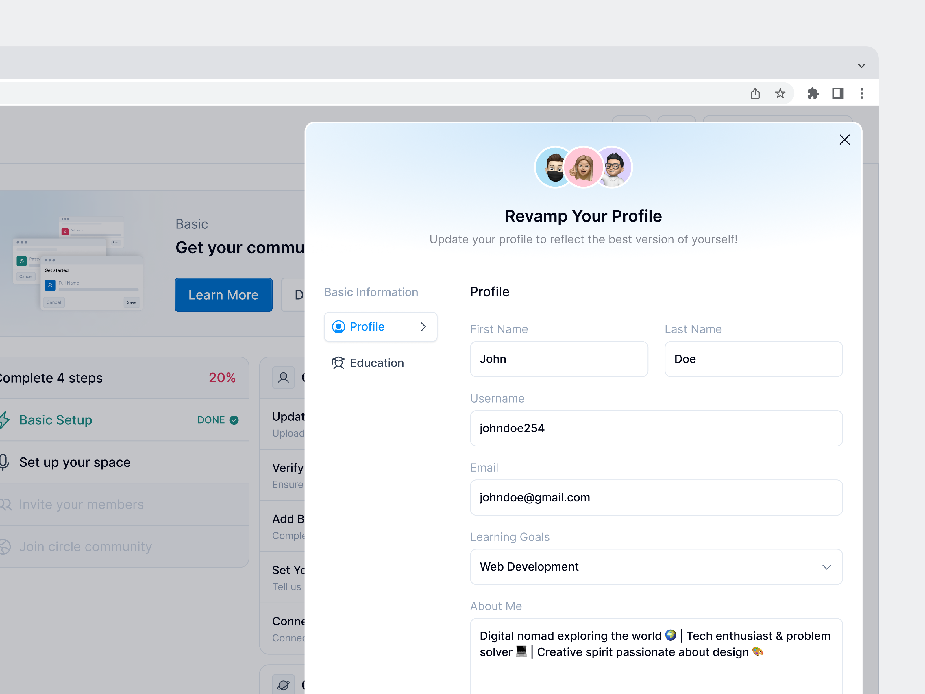 Course Dashboard - Popup modal basic information button clean dashboard form modal navigation popover popover form popup popup form popup modal product design