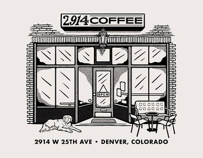 2914 Coffee Storefront Illustration cafe coffee coffeeshop colorado denver dog doggo freelance golden retriever illustration merch merchdesign screenprint shop storefront swag