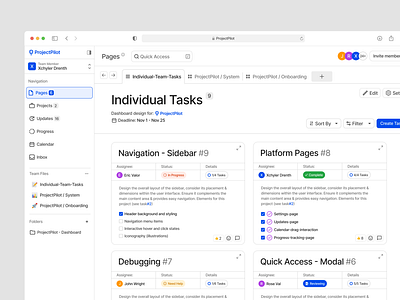 Dashboard for ProjectPilot attio components dashboard datatbase design system figma grid landing page management modal platform product sidebar status tasks team ui ui design widget workspace