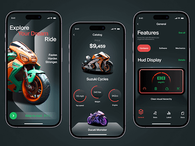 BikeRide - Mobile App Concept concept creative daily ui daily ux dark design green illustration mobile modern design motorcycle orange stylish technology ui ux