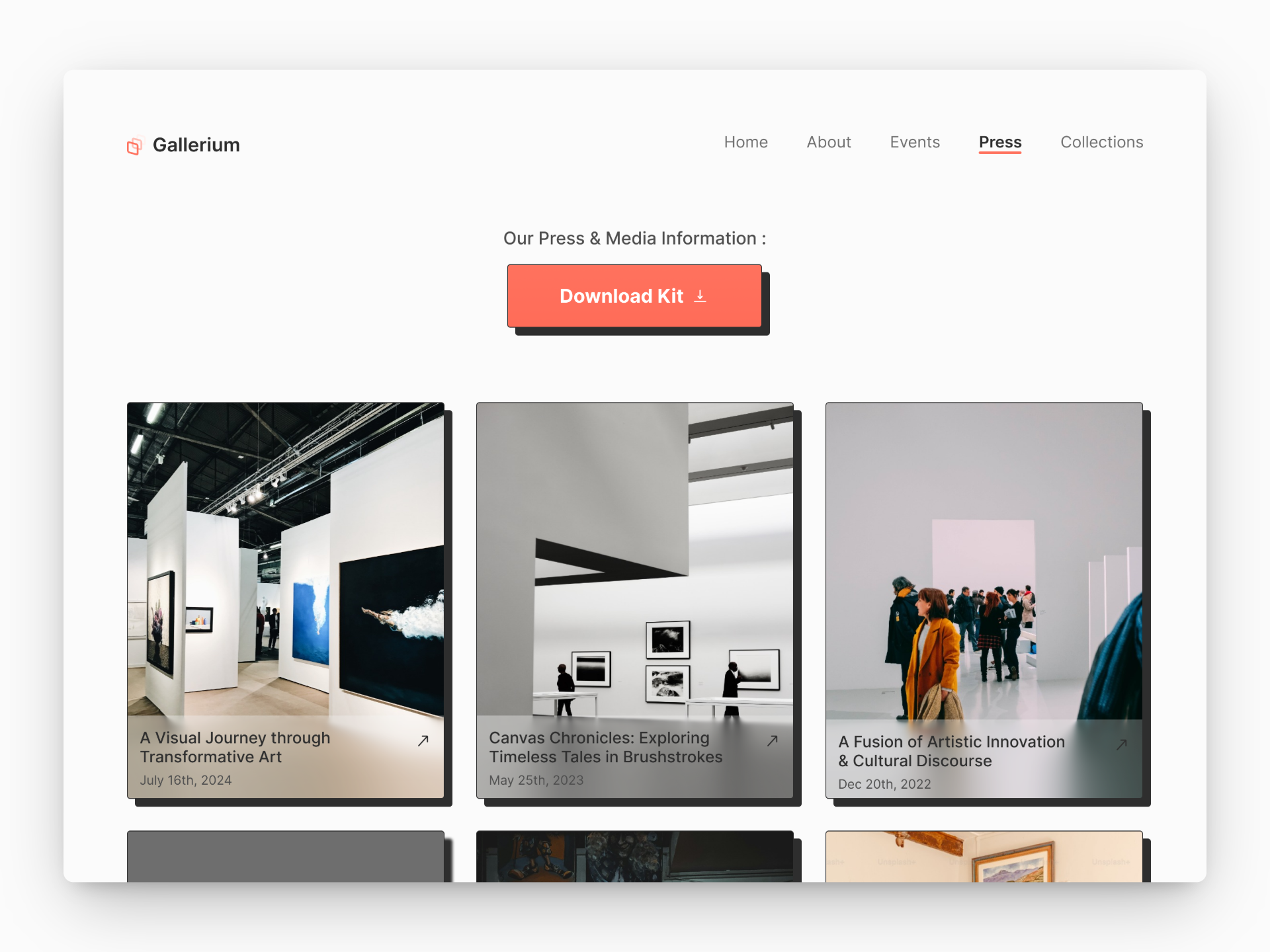 A Press Page art gallery concept conceptual daily ui design figma light mode press page ui ui design ui designer uiux web design