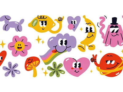 Funky stickers avatar branding character collection comic design doodle funky graphic design groovy happy face illustration logo positive sticker pack stickers vibe