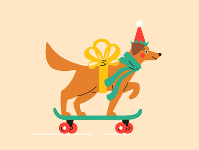 Christmas dog on skateboard abstract bow brown cartoon character christmas design dog flat geometric illustration orange skate skateboard xmas
