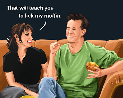 Muffin cafe chandler coffee comic couch couple fanart friends full funny house illustration ipadpro joke laughter monica mouth muffin procreate procreateapp