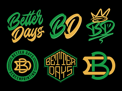 Better Days Screenprinting - Design Pack apparel badge design better days branding custom lettering custom logo design design pack graphic design hand lettering identity lettering logo logo concept logo design logos logotype monogram screenprinting typography