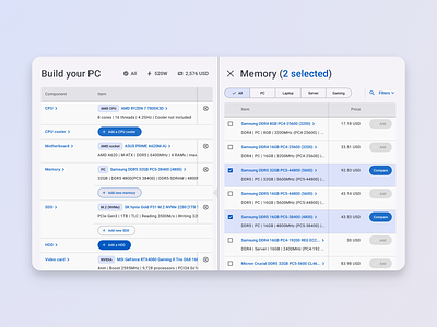 Build your PC (WIP #3) checkbox computer estimate hardware material pc pc building saas screen split select selected simple split table ux