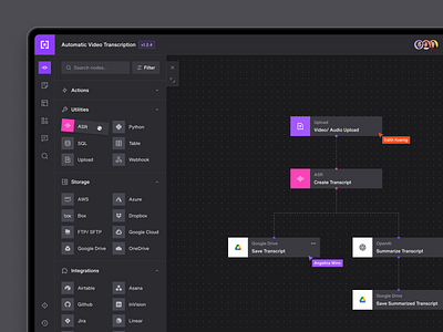 Automation Workflow Builder automation automation platform automation workflow builder builder dark mode dark theme dark ui design integration no code no code builder saas ui uiux web web app workflow workflow builder workflow builder ui workflow ui