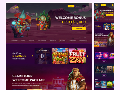 Online Casino UI with Responsive Design betting casino design designer gambling gamer games jackpots leaderboard live casino online casino promotions responsive slots top ui uiux uiux design ux welcome bonus