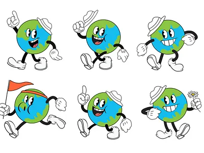 Set of vintage cartoon globe mascots branding cartoon cartoon character character design design earth eco globe globe mascot graphic design illustration illustrator logo mascot design planet retro set vector vintage vintage cartoon
