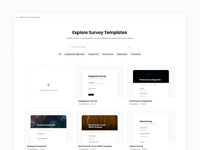 Explore templates - Surveys clean component create customize design design system explore grid lyearn minimalist minimalistic page pick previews product design select simple survey templates ui