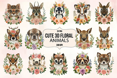 Cute 3d Floral Animals Sublimation png