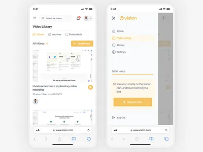 Video Library Page (Mobile Views) of a Screen recording platform dashboard mobile ui ux