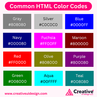 List of Common HTML Color Codes branding color creative creativeui creativeuidesign creativeuidesignllc graphic design hex color codes hexcode ui usa