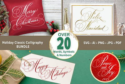 Holiday Calligraphy Words Bundle christmas card christmas design happy hanukkah happy holidays holiday bundle holiday card holiday card mockup holiday font holiday graphics lettering merry christmas text merry christmas vectors new year invitation svg bundle vectorized lettering