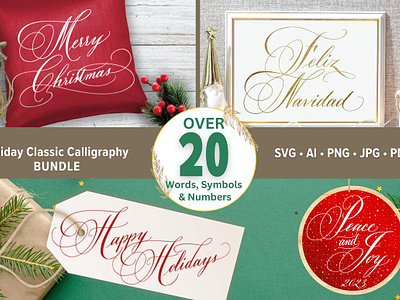 Holiday Calligraphy Words Bundle christmas card christmas design happy hanukkah happy holidays holiday bundle holiday card holiday card mockup holiday font holiday graphics lettering merry christmas text merry christmas vectors new year invitation svg bundle vectorized lettering