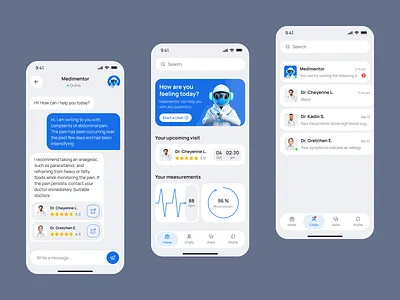 Medimentor App - A medical app with AI assistant ai app app design blue chat chatbot clear design doctor healtcare heart rate minimalisctic mobile app oxygen ui