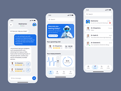 Medimentor App - A medical app with AI assistant ai app app design blue chat chatbot clear design doctor healtcare heart rate minimalisctic mobile app oxygen ui
