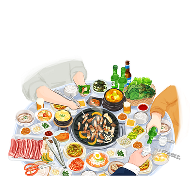 Korean Food Illustration - samgyeopsal - barbeque - soju art branding design food graphic design illustration korean