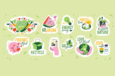 Eco-friendly stickers doodle eco friendly energy saving go green graphic design icon illustration label love our planet nature no waste pin plant recycle sign stickers vector vegan vegetable zero waste