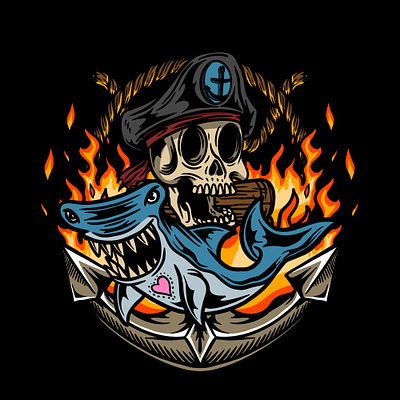 T-SHIRT DESIGN SEA OF FIRE artwork captain dark art digital illustration fire graphic design illustration rope sailor shark skull tshirt design tshirt illustration vector