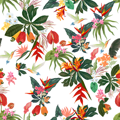 Tropical Flora cashew colorful floral humming bird illustration nature inspired pattern design print design print development repeat pattern seamless pattern surface pattern design tropical