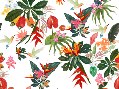 Tropical Flora cashew colorful floral humming bird illustration nature inspired pattern design print design print development repeat pattern seamless pattern surface pattern design tropical