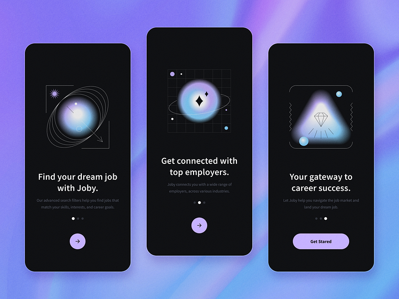 Joby. Onboarding Screens For Application app application colorful design gradient h2k hire hiring job finder jobs mobile app onboarding ui ui design uiux uiux design uxui